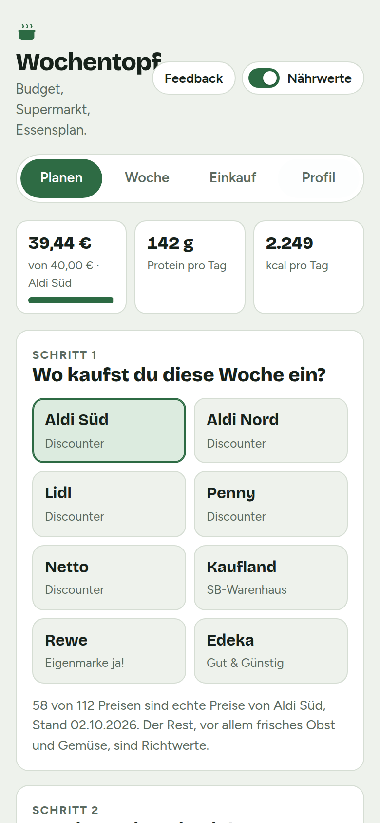 Planen: Supermarkt, Budget und Mahlzeiten wählen