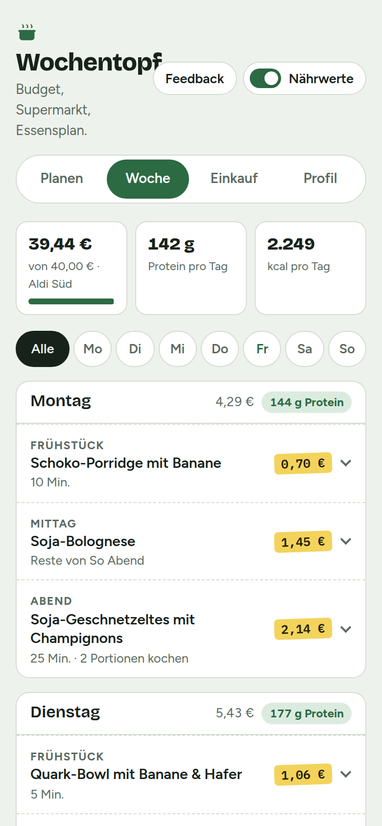 Woche: alle Gerichte mit Preis pro Portion